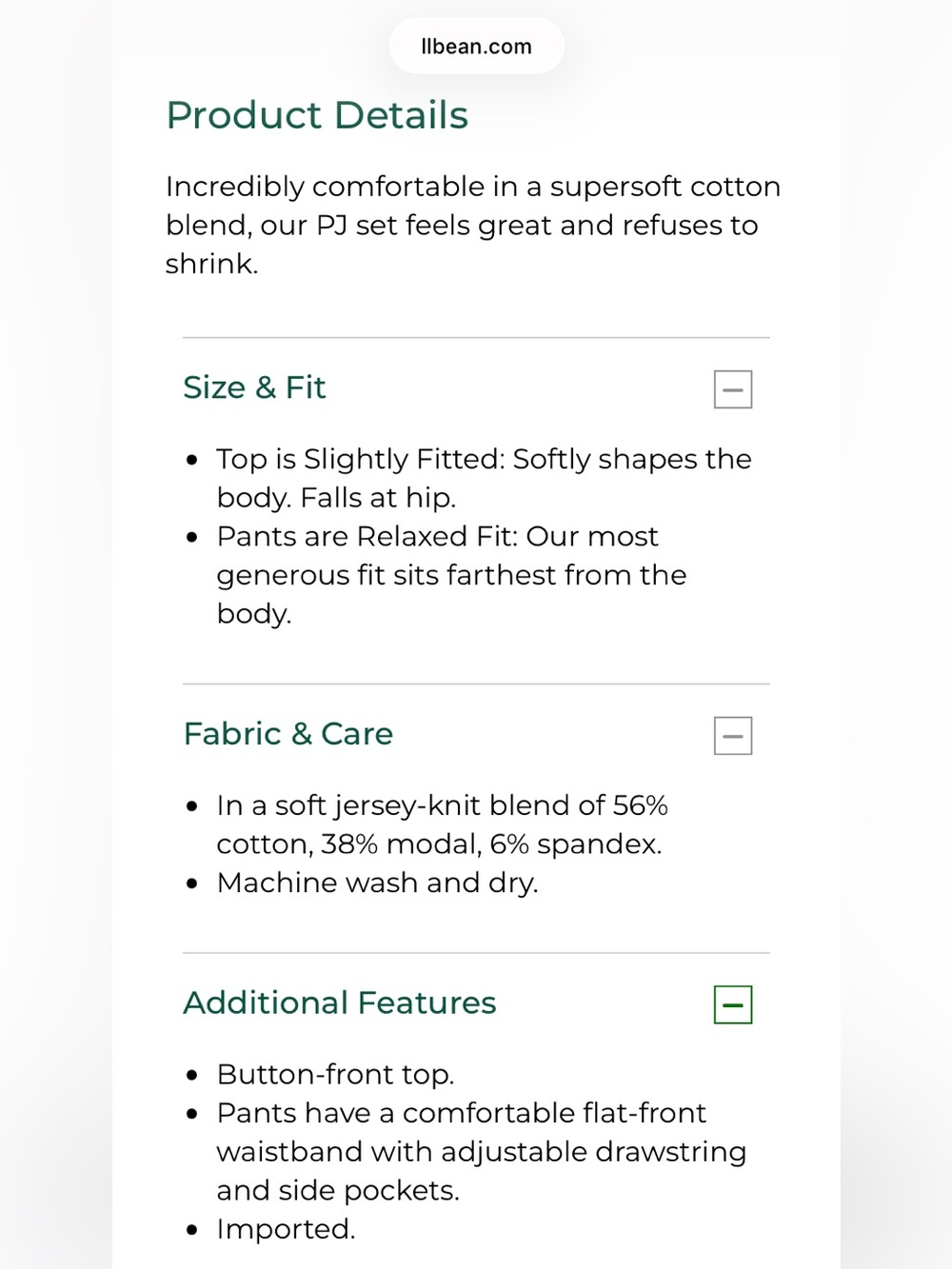L.L. Bean Super Soft Shrink Free Pajama Set - Picture 6 of 6